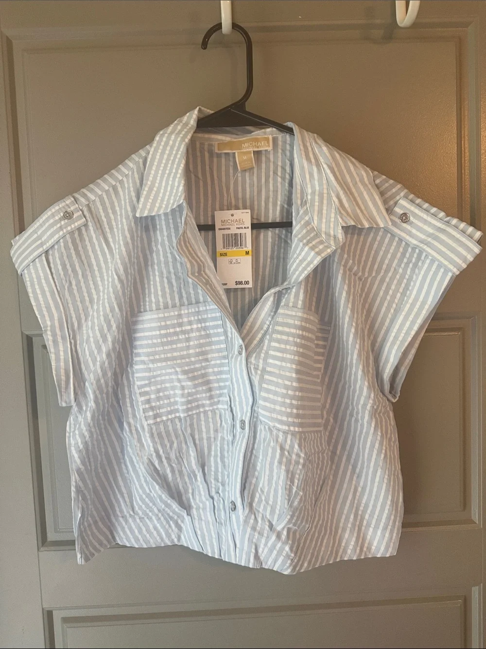 NWT Michael Kors Pastel Blue and White Striped Crop Button-Up Top
